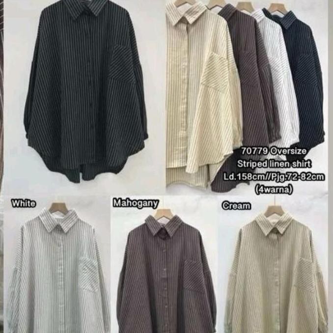 Kemeja Salur Oversize Bahan Linen Premium / Kemeja Salur Wanita Lengan Karet / Kemeja Wanita Oversiz