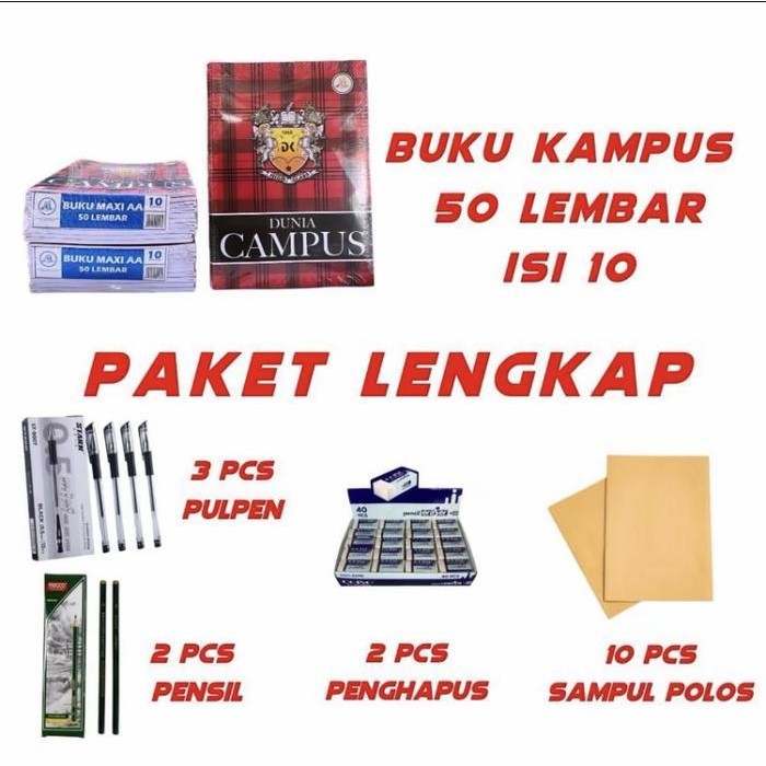 

SWG Buku kampus 50 lembar paket murah ( 1 pack buku kampus 50L, 3pcs pulpen gell, 2pcs pensil, 2pcs penghapus & 10 lembar sampul polos Tebal