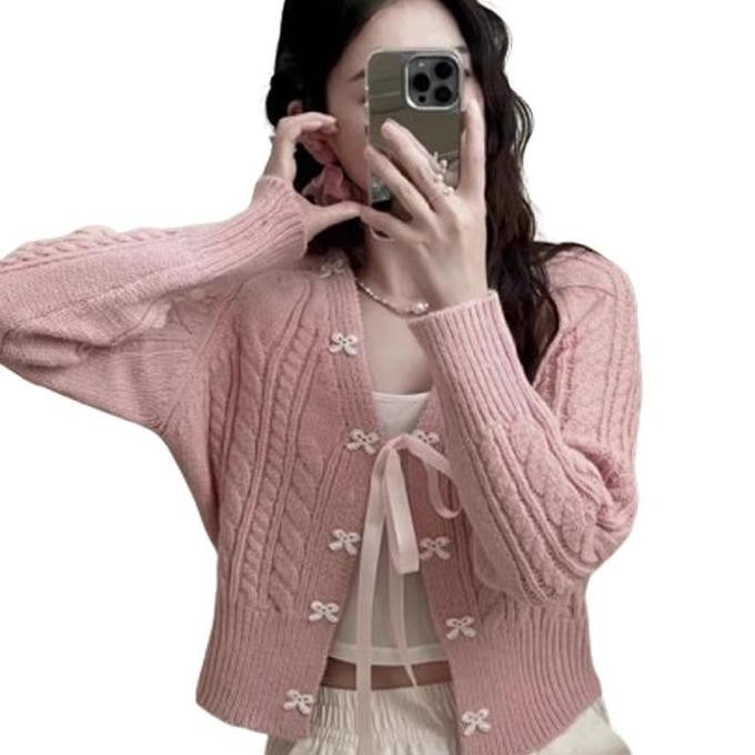 Cardigan rajut korea Pita Cardigan Ribbon Rajut Tebal Motif cable