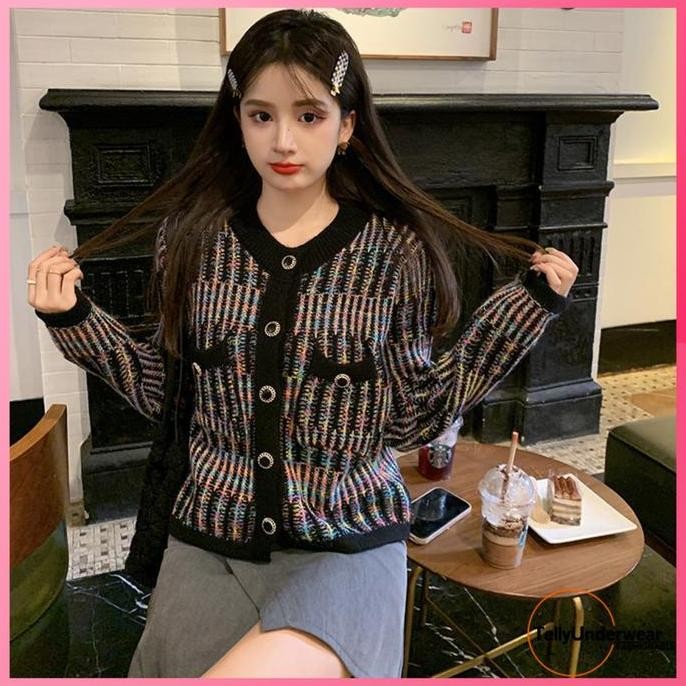TELLY 099 Sweater Cardigan Rainbow Pelangi Abstrak Wol Rajut Gradasi Baju Kardigan Panjang Knitwear 