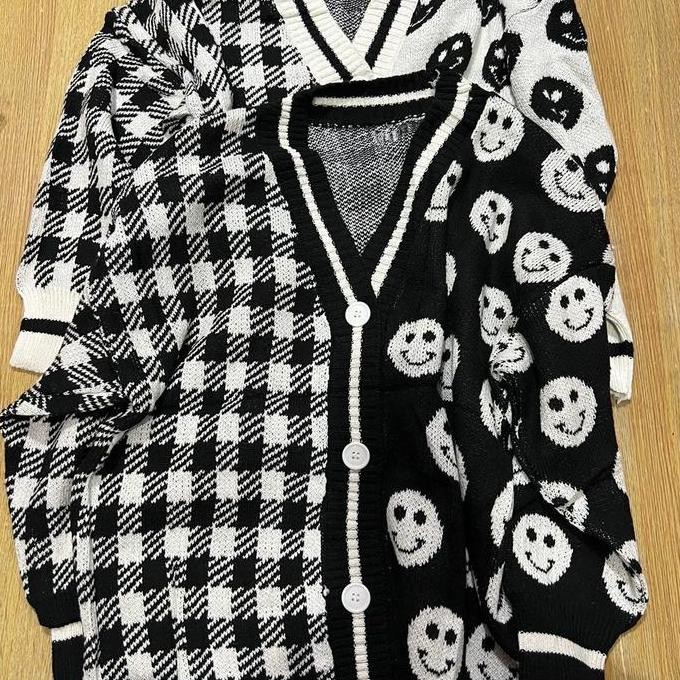 Cardigan Rajut Smile Kotak 876Hitam-Putih Lengan Panjang - Atasan, Oversize, Sweater, Wanita, Kardig