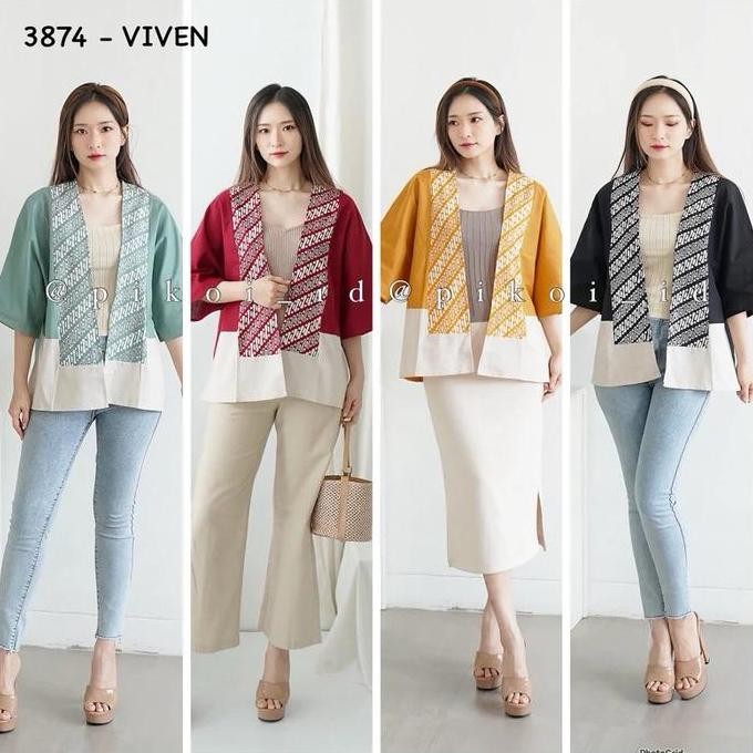 Cardigan batik wanita modern katun linen polosan / Outer etnik wanita simple lengan panjang 241 caro
