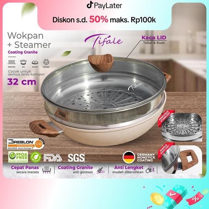 [CELYHOME 2.6 ] Tifale [2IN1] Wokpan Diameter 32cm + Glass Lid + Granite Steamer Non Stick / Alat Ma
