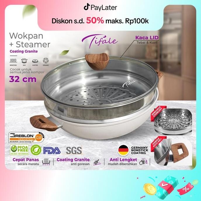 [NABUNG 17 AGUSTUS] Tifale [2IN1] WHITE Wokpan Diameter 32cm + Glass Lid + Granite Steamer Non Stick