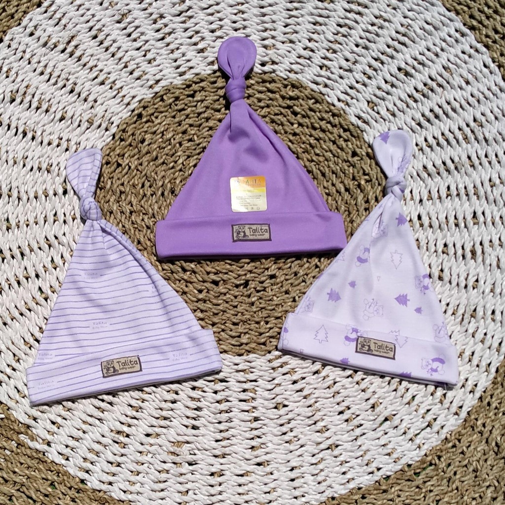 BBB ISI 3 Pcs Topi Bayi Baru Lahir/Kupluk Bayi Newborn/Ciput Penutup Pelindung Kepala Bayi Seri UNGU