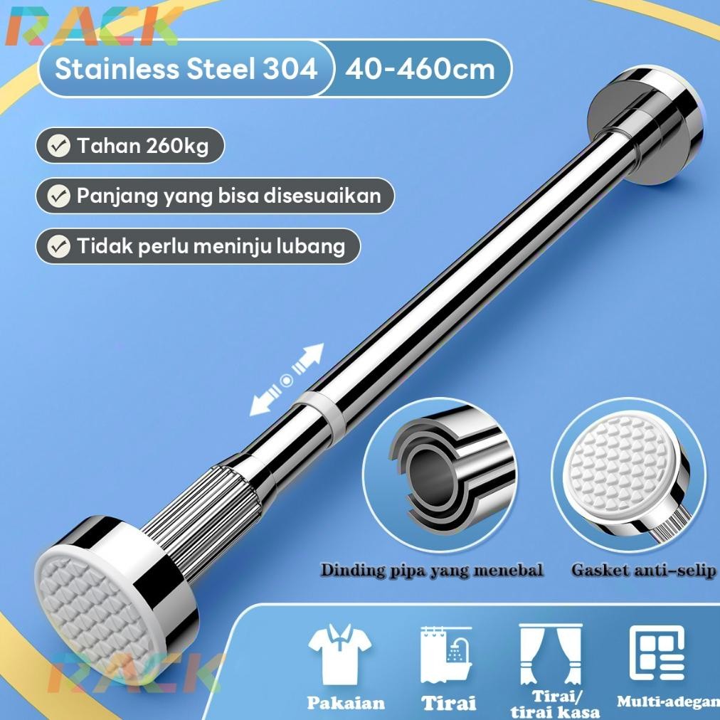 (DISKON TERBARU) Stainless Steel Tiang Gorden Batang Tirai Fleksible Tanpa Paku Gantungan Serbaguna 