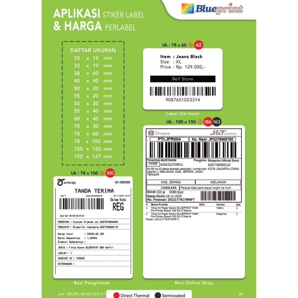 

Model Baru Direct Thermal Sticker Label Online Shop 78 x 100 BLUEPRINT 78x100 mm isi 300Pcs - 1 Roll ,,