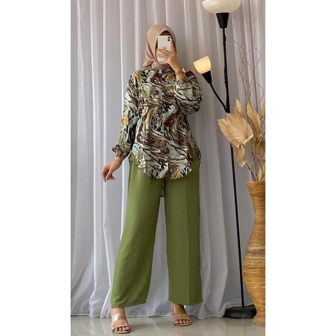 Asli Raysha Motif Set - Setelan Wanita Muslim Rayon Crinkle Tunik & Celana Kekinian