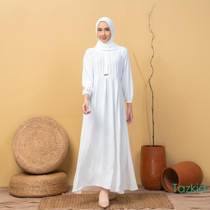 Asli Azalia Set Gamis Muslim Wanita + Pashmina | Baju Lebaran Bahan Crinkle Polos Putih