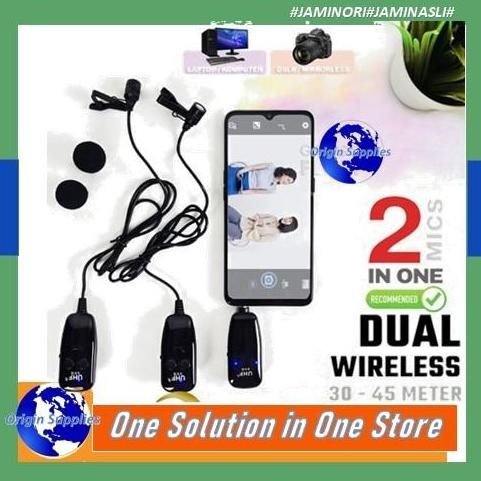 Microphone Mic Clip On Wireless Dual UHF 40 - 45 Meter Smartphone HP Terlaris