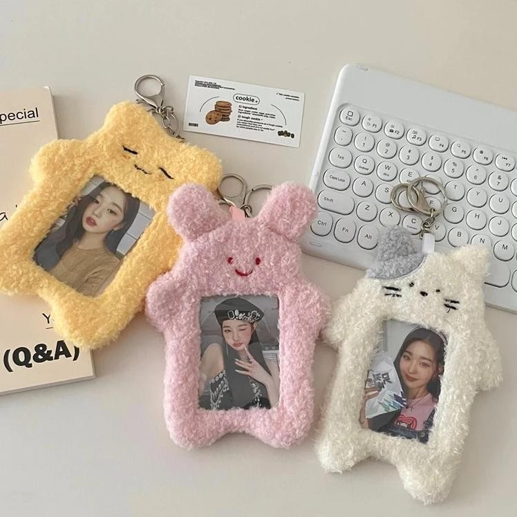 

Ins Cute Cat Rabbit Plush Photocard Holder Korean Idol Photo Sleeve Protective Case Student Id Card Cover With Keychain Pendant