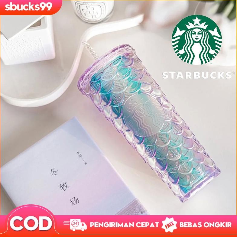 Murah 710Ml Starbucks Tumbler Fish Scale Straw Cups Starbucks Mermaid Pink/Purple Cold Cup Tumbler S