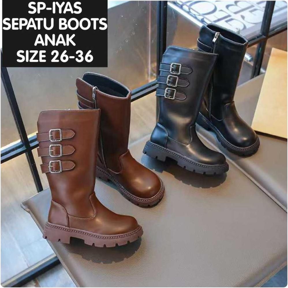 LOLIJKT SP IYAS SEPATU BOOTS ANAK PANJANG BAHAN KULIT SINTESIS RESLETING SAMPING SIZE 2636