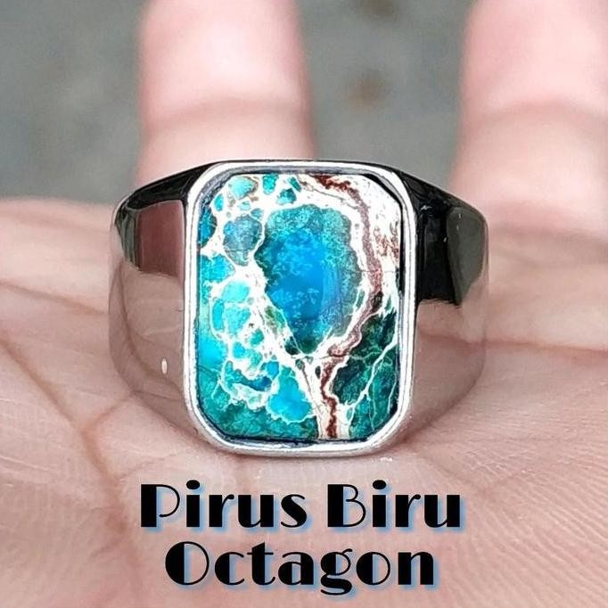 Baru Cincin Batu Akik Natural Pirus Biru Minimalis Octagon Titanium Silver