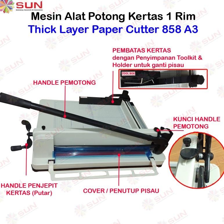 

Mesin Pemotong Kertas 1 rim 858 A3 Kualitas Super Premium Garansi 2 Tahun (Alat Potong Kertas hvs, Sticker, Art Paper, Undangan, Buku, Brosur Uk A6, A5, A4, F4, A3) Thick Layer Paper Cutter