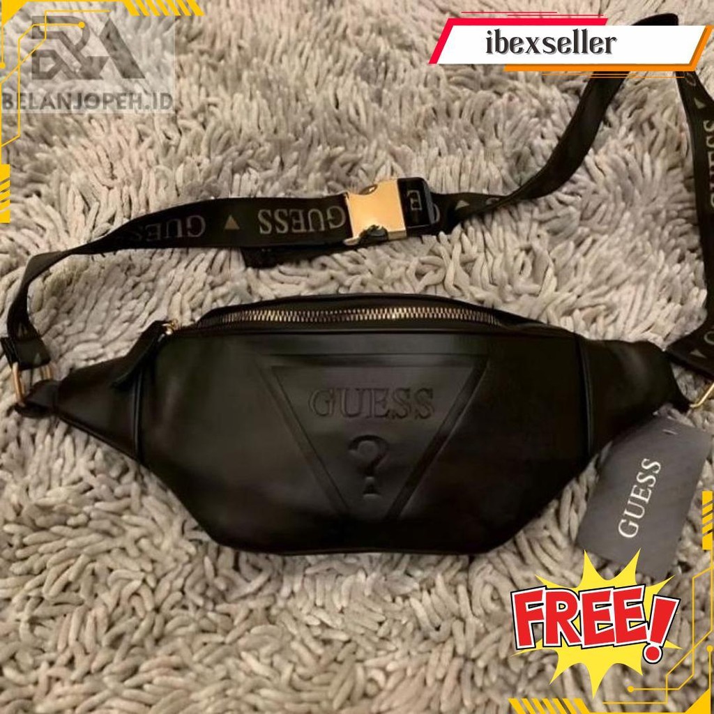 Anti Air  High Quality Waistbag Guess Black Gold Import Waterproof Unisex  | Tas Pinggang Kulit / Wa
