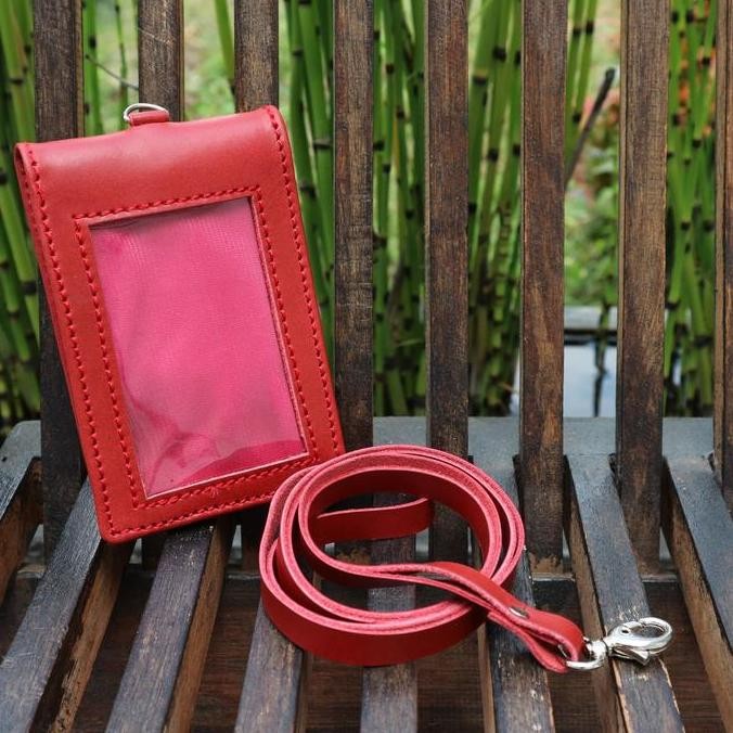 

New ID Card Holder Kulit sapi asli name tag flip lipat warna Merah