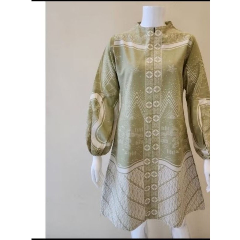 Tunik dress batik bahan katun premium halus dan lapis furing trikot panjang warna hijau sage