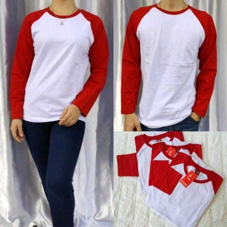 Murah Kaos Merah Putih Pria Dan Wanita Lengan Panjang - Kaos Reglan Lengan Panjang Merah Putih - Kao