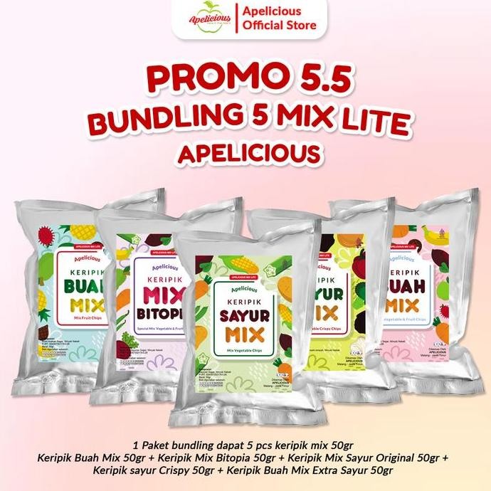 

APELICIOUS BUNDLING 5 MIX LITE 50gr - Bundling 5 Keripik Buah / Sayur Mix 50gr Food Snack