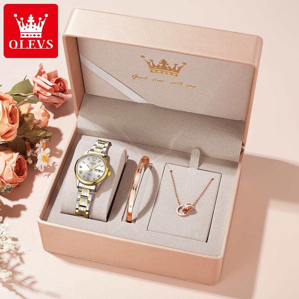 Siap Kirim OLEVS Set Jam Tangan Wanita Anti Air Original - Bonus Kalung & Gelang Kalender Watch 5563