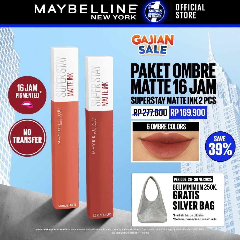 (Terbaru) MAYBELLINE OFFICIAL Paket Hemat Superstay Matte Ink 2 pcs Ombre Set Lipstick - Long Lastin
