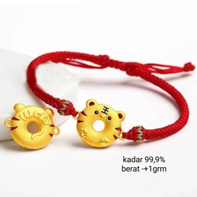 Gelang Tali Serut/Adjustable Charm Lingkaran Bola Donat Shio Macan Kepala Macan Anak Macan Emas Asli
