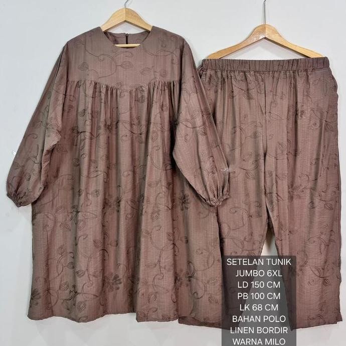 Setelan Tunik Super Jumbo Ld 150 Cm Bahan Polo Linen Bordir Koleksi Terbaru Fit To 6Xl Celana Melar