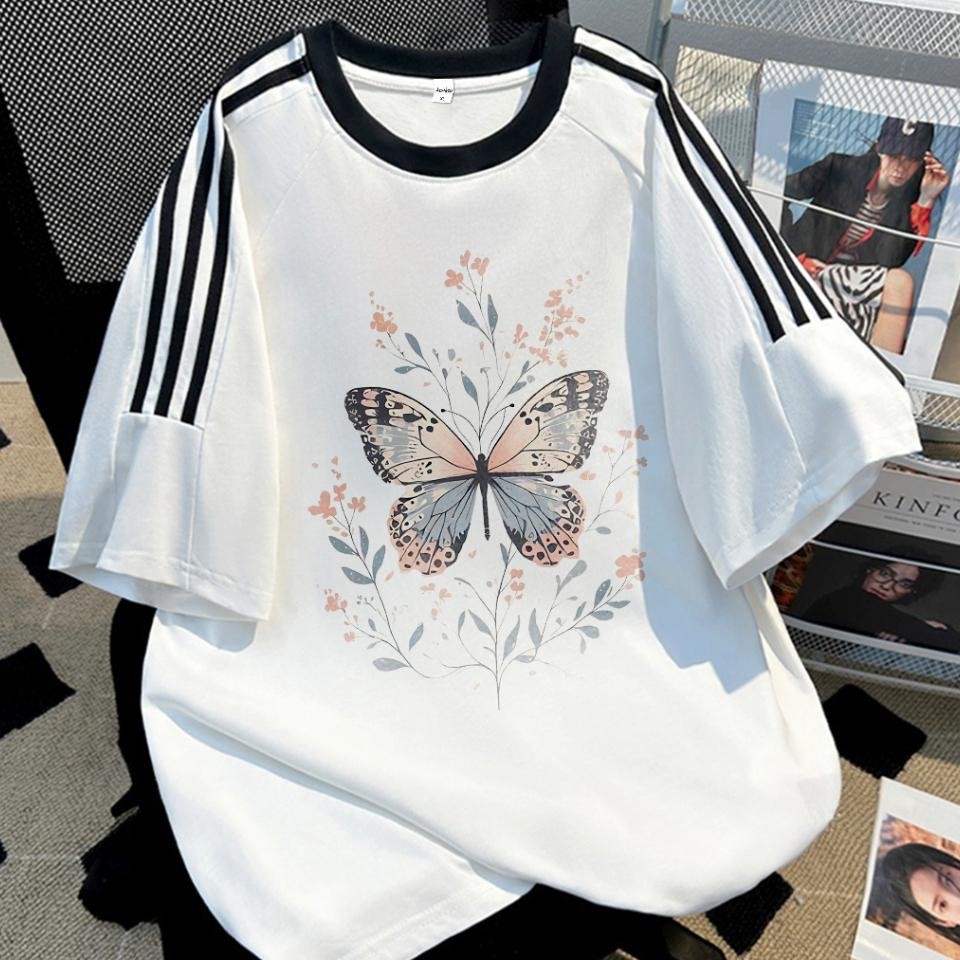 Jessica Tshirt Kaos Lengan Pendek Garis Ta Gambar Kupukupu Fairy Oversize Unisex Bahan Cotton