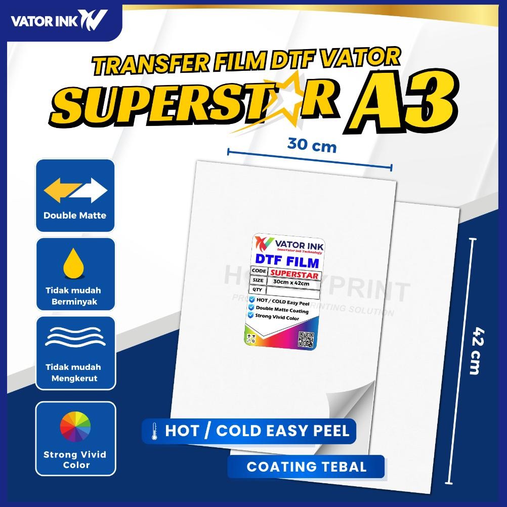 

PET FILM DTF A3 VATOR SUPERSTAR A3 30cm x 42cm Sablon DTF Tinta DTF Nugi
