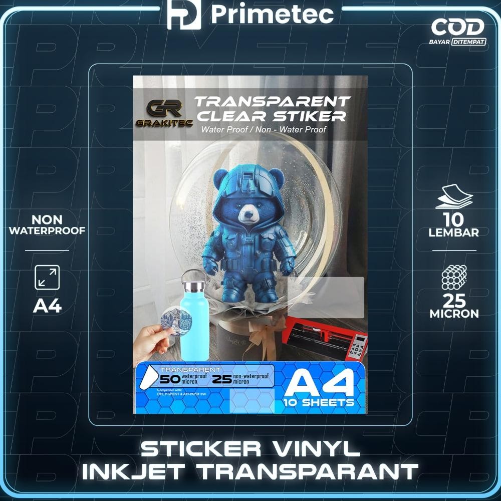 

Kertas Sticker Vinyl Transparan - Sticker Vinyl Transparant Waterproof / Non Waterproof A4 Isi 10 Lembar Primetec Nugi