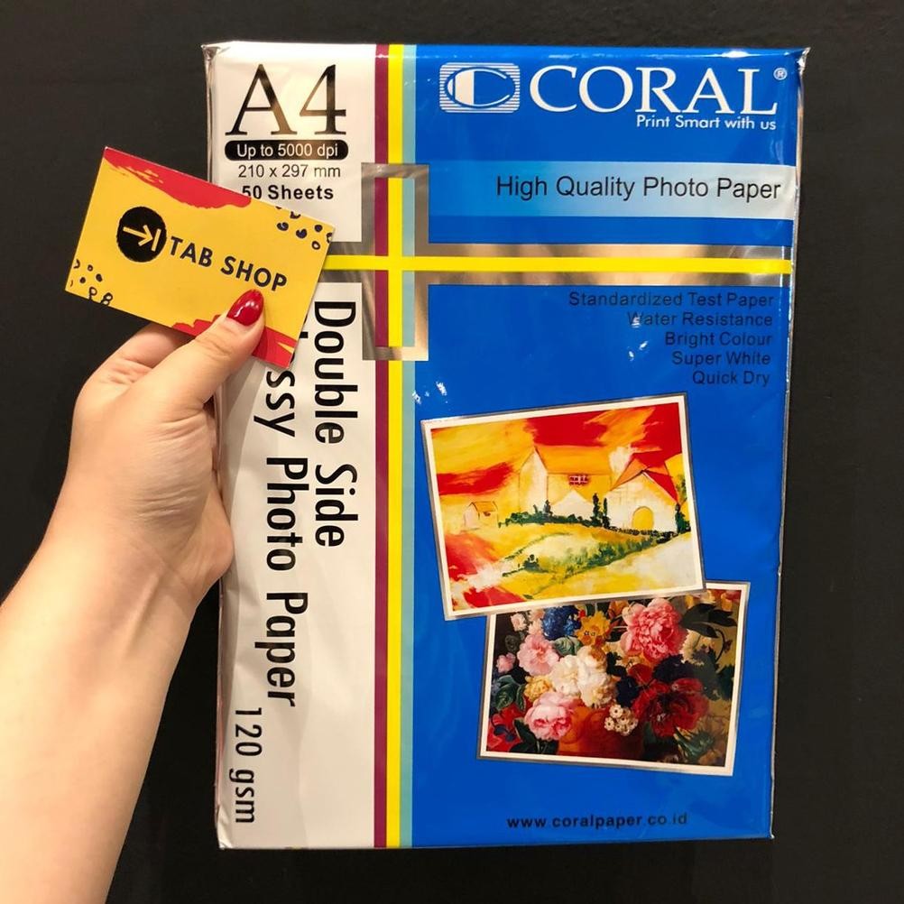 

TAB SHOP - CORAL DOUBLE SIDE GLOSSY PAPER 120 GSM A4 50 LEMBAR - KERTAS FOTO GLOSSY 2 SISI A4 120 GSM Nugi