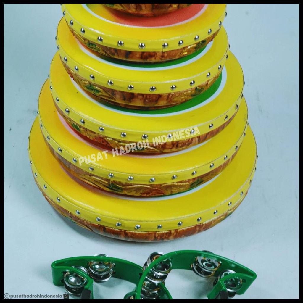 REBANA QASIDAH UKIR MOTIF KERAMIK KUNING 1 SET ISI 10 REBANA HADROH BANJARI TERBANGAN LASQI FULLSET 