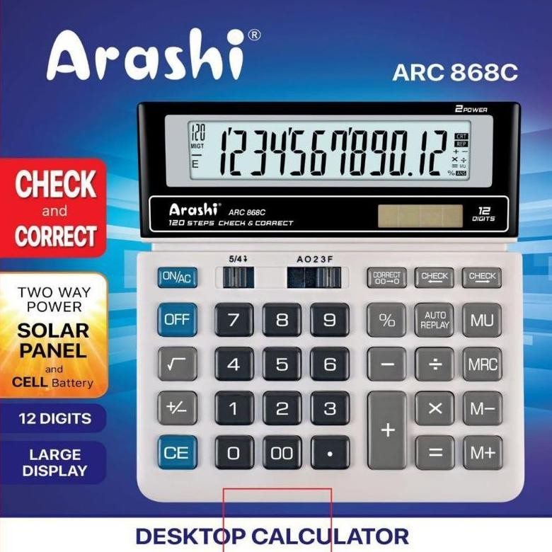 

Arashi Desktop Calculator ARC 868C Kalkulator 12 Digit Layar Besar Solar Panel Nugi