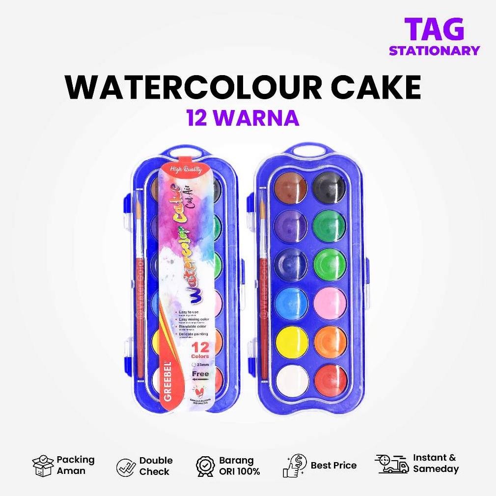 

GREEBEL Cat Air Padat 12 Warna / Watercolor Cake Set Isi 12 Warna Gratis Kuas / Timur Agung Grosir Nugi
