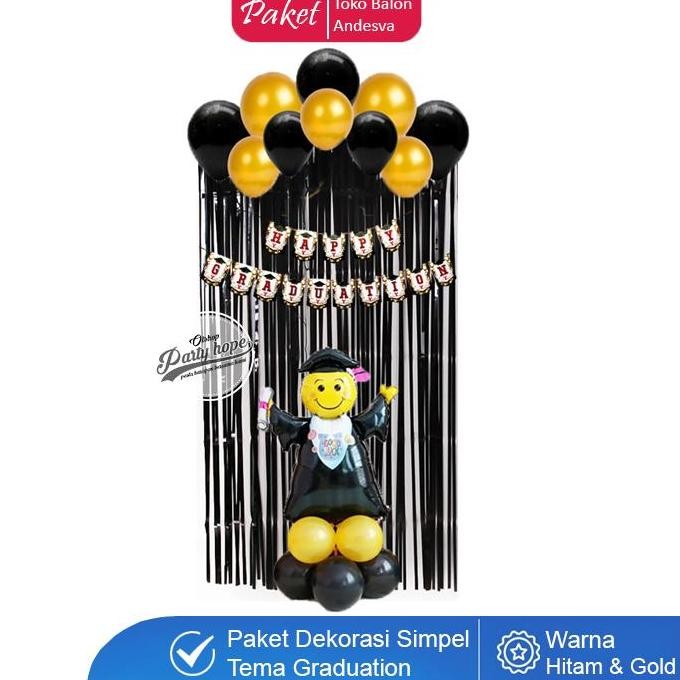populer] paket dekor graduation hitam gold / set dekorasi wisuda hitam gold / set balon wisuda happy