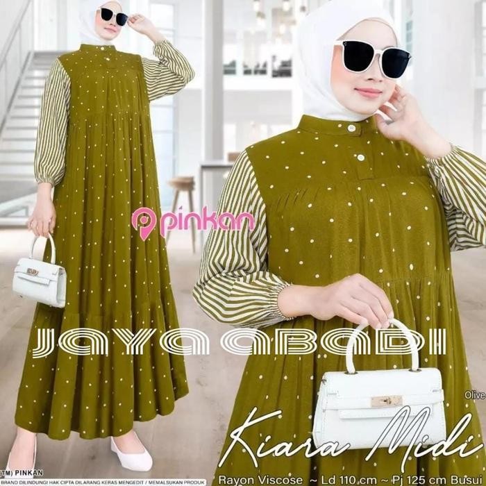 EF Gamis Dres Motif Polkadot Lengan Salur Bahan Rayon Premium Wanita Muslim