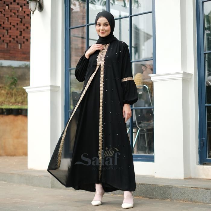 EF Gamis Hitam Turkey Abaya Arab Resleting Depan Maxi Dress Muslim Wanita Turki