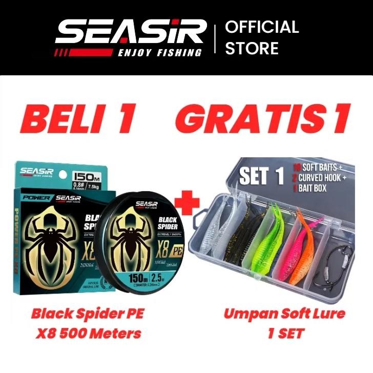 [Beli 1 Gratis 1]  SEASIR Black Spider PE X8 Senar Pancing (150 Meter)+ Gratis Bonus=Umpan Soft Lure