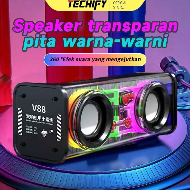 Mecha Speaker Bluetooth Subwoofer Baja Kecil Transparan Audio Portabel Nirkabel Rgb 7 Color Light V8