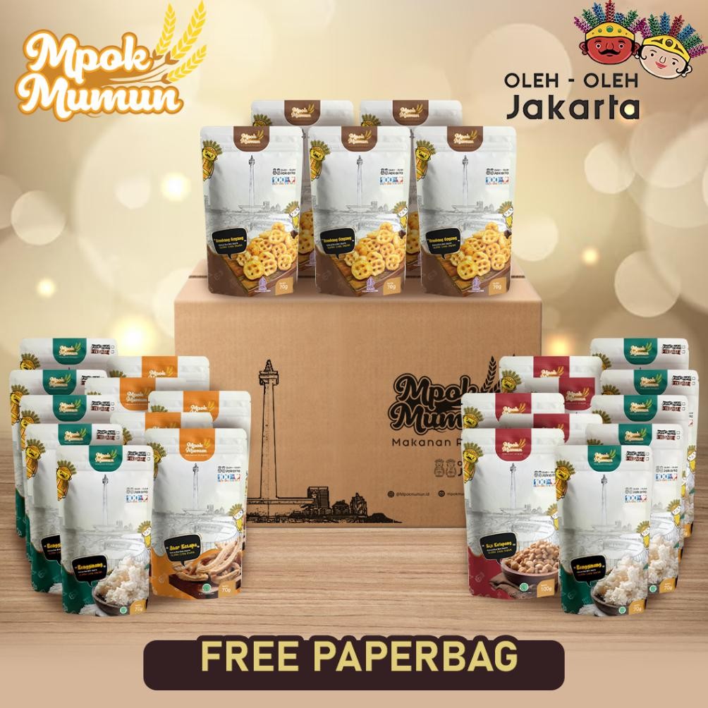 

PAKET OLEH OLEH JAKARTA MPOK MUMUN ISI 25 - Akar kelapa/ Biji ketapang/ Kembang goyang/ Rengginang aSt