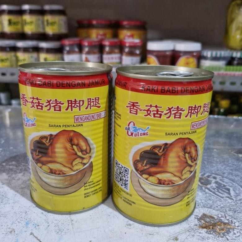 

Gulong Pork leg with mushrooms 397 gr / Kaki babi dengan jamur 397g / cukiok kaleng / cu kiok kaleng / Gulong Pork Kaleng / Daging Babi Jamur Gulong aSt