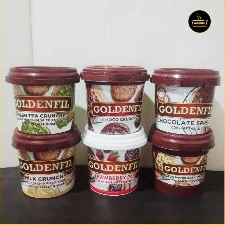 

Goldenfil Choco Crunchy, Green Tea Crunchy, Milk Crunchy, Chocolate Spread, Tiramisu Crunchy, Strawberry Jam 1KG aSt