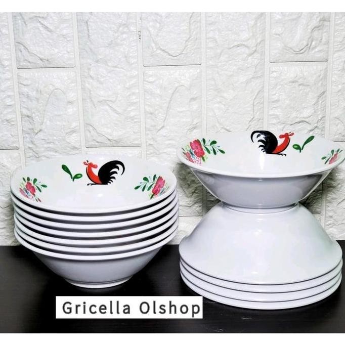 Paket Hemat 1 Lusin Piring Makan Dan Mangkuk Ayam Jago Merk Singasingi Bahan Asli Melamin