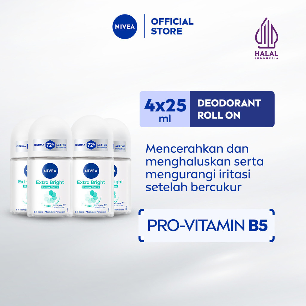 (PAKET HEMAT ISI 4) NIVEA Deodorant Roll On Brightening Happy Shave 25ml - Deodoran wanita mencerahk