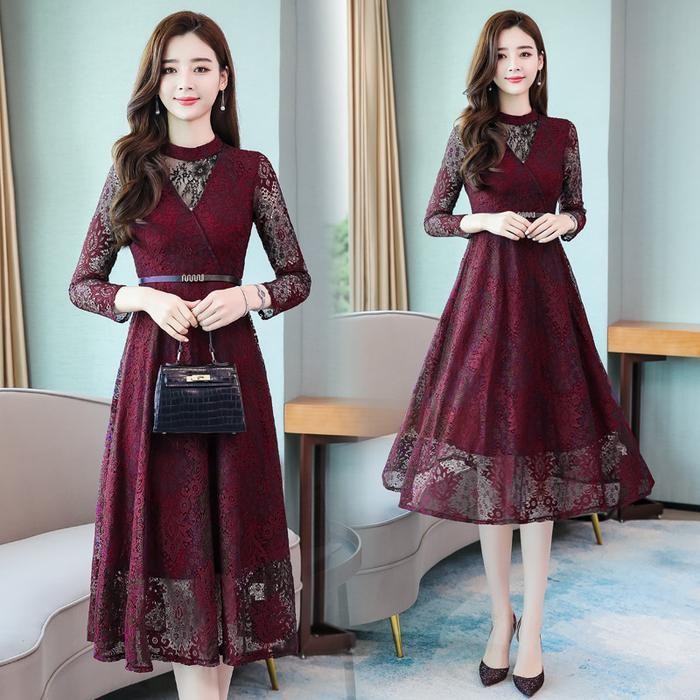 Dd Cynthia Dress Brokat Pesta Lengan Panjang Zipper Formal Gaun Wanita Cantik Bunga Maxi Pendek