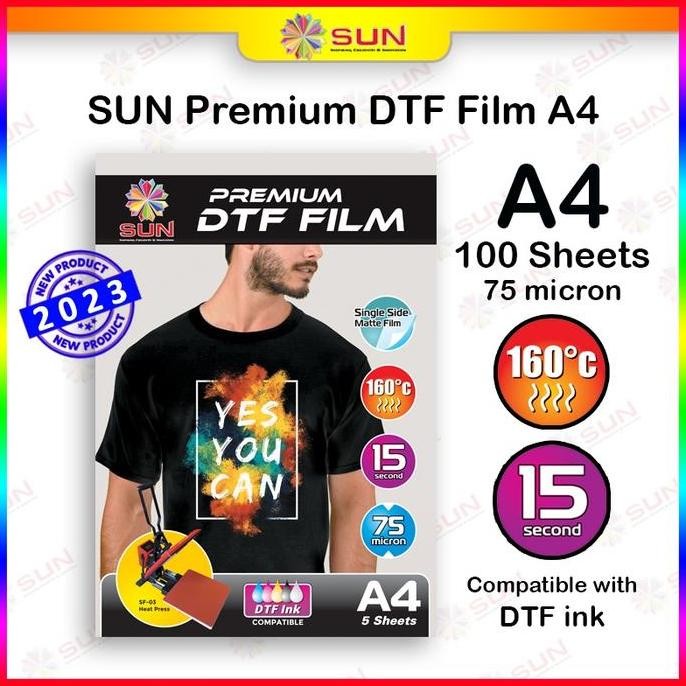 

TERMURAH - Kertas Film Sablon DTF Transfer Paper A4 75 micron - SUN Premium DTF Film A4 isi 100 Lembar ( untuk mesin press kaos, keramik, piring, topi, plat alumium, puzzle, bantal )
