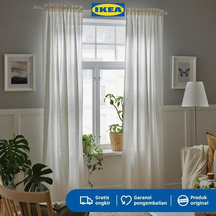 Ikea Silverlonn Gorden Tipis 1 Pasang Dengan Pita Pos / Putih 145X250Cm Katun