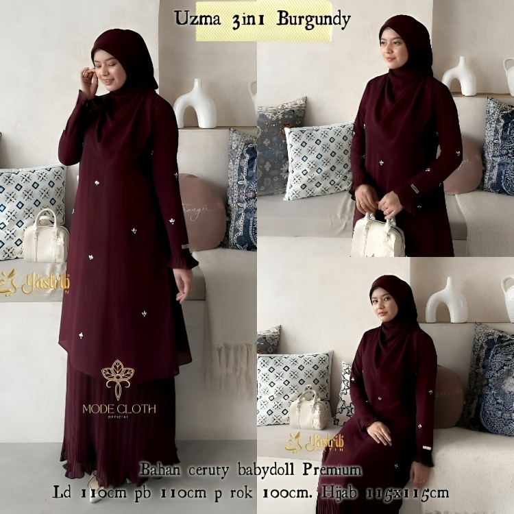 Azma Setelan Gamis Wanita Burgundy 3 in 1 Tunik + Rok plisket + Hijab Setelan Gamis Terbaru 2025