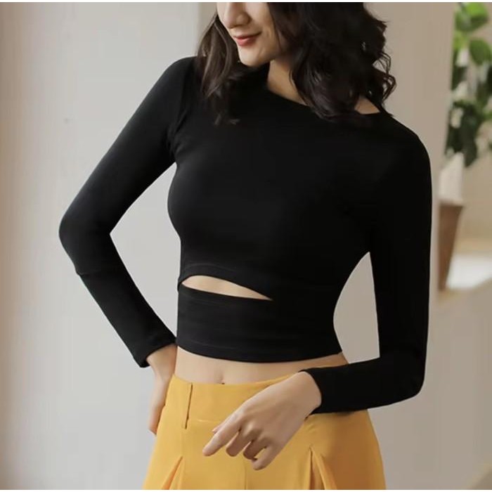 Ysn Crop Top Bra Tshirt Round Neck Lengan Panjang Hitam